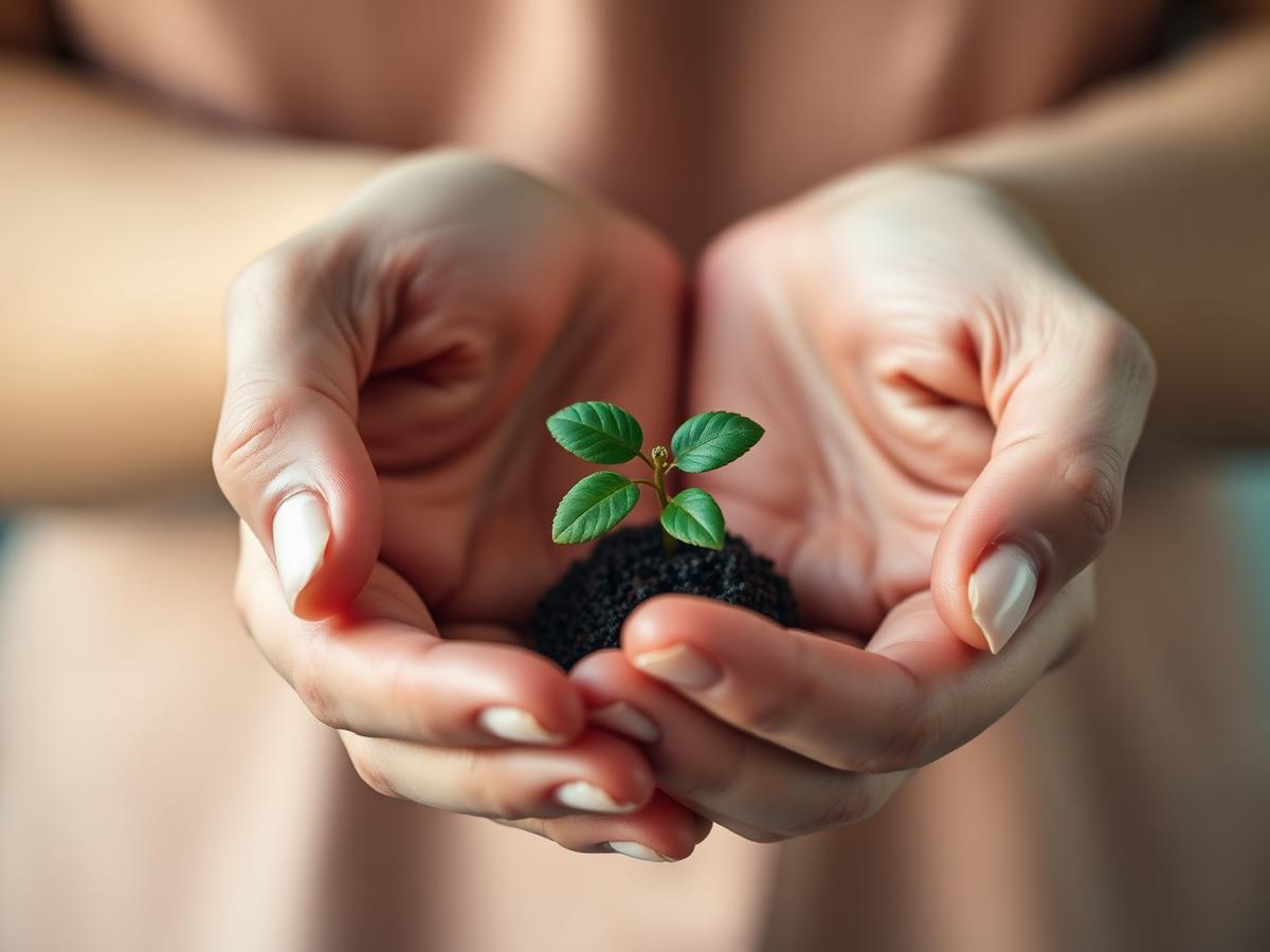 Mãos segurando uma pequena planta, símbolo de esperança e cuidado